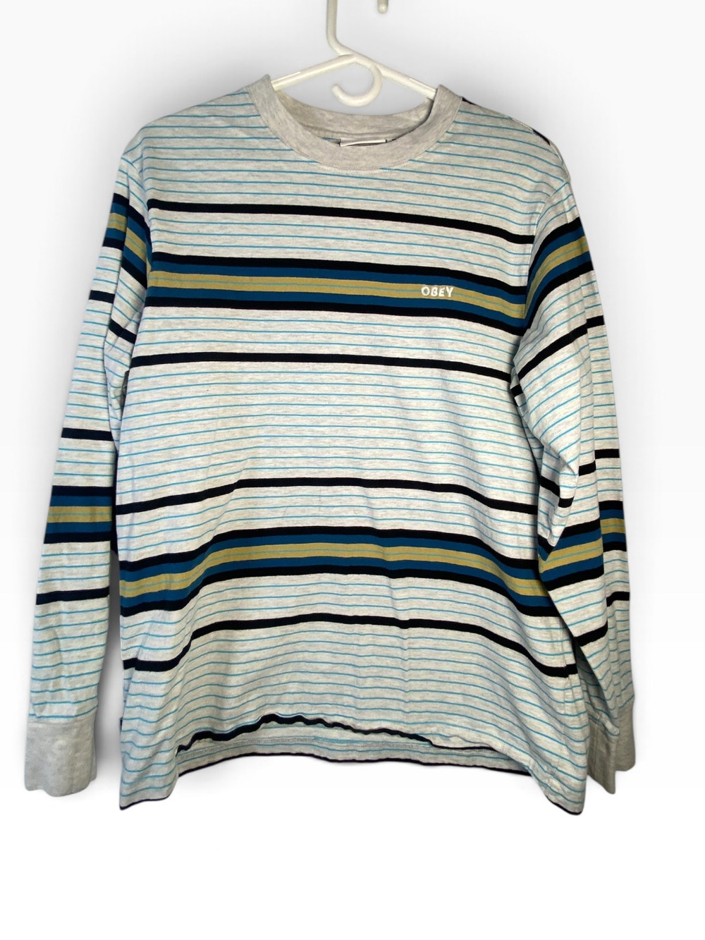 Obey Men's Blue and Black Striped Long Sleeve Shirt